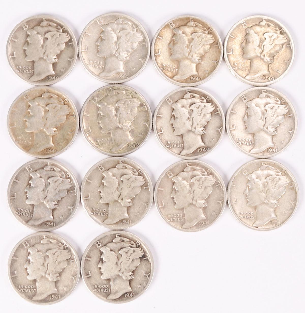 14 Mercury Silver Dimes; 7-1940-D & 7-1941-P