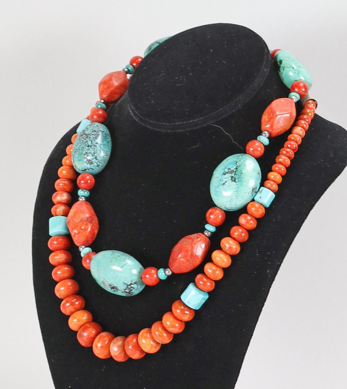 Southwest Style Turquoise & Coral Colored Stone Necklace