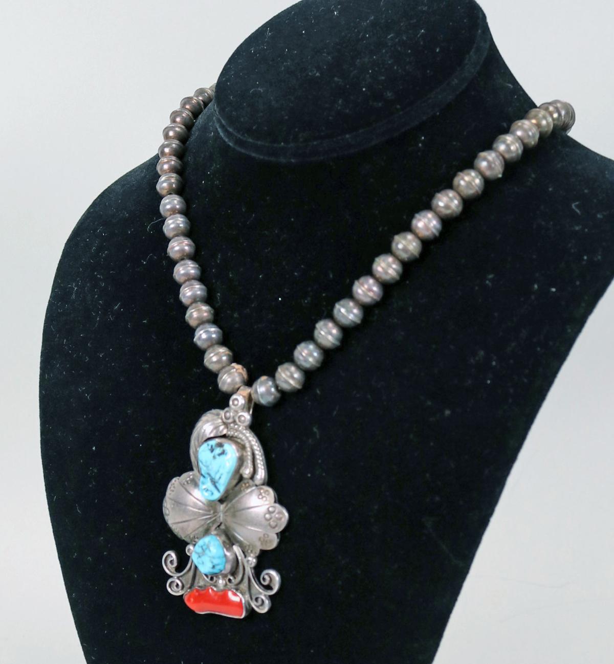 Southwest Silver Necklace w/ Turquoise & Coral Pendant