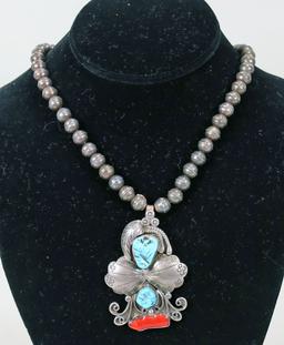 Southwest Silver Necklace w/ Turquoise & Coral Pendant