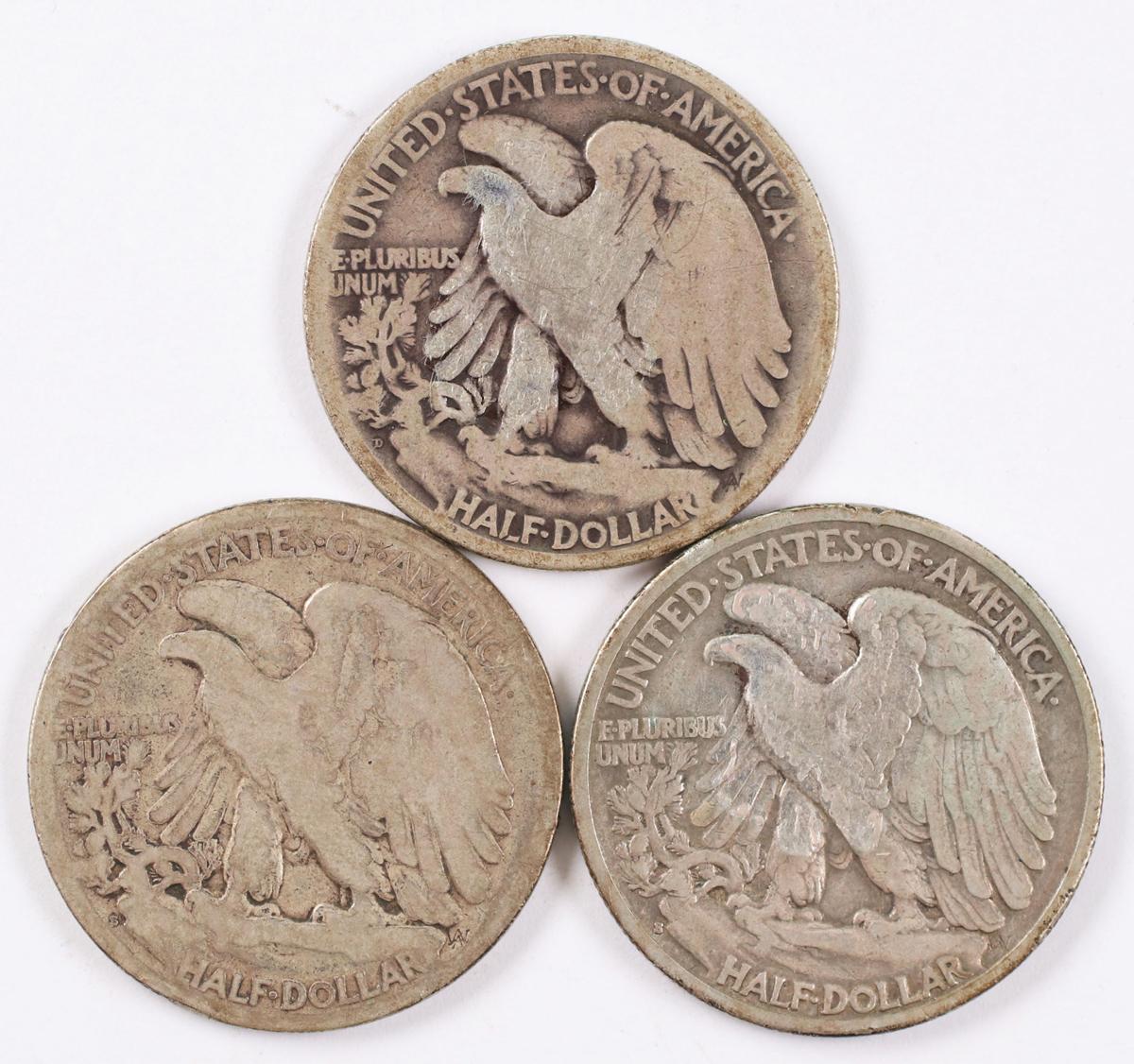 3 Walking Liberty Silver Half Dollars; 1921P,1923S,1933S