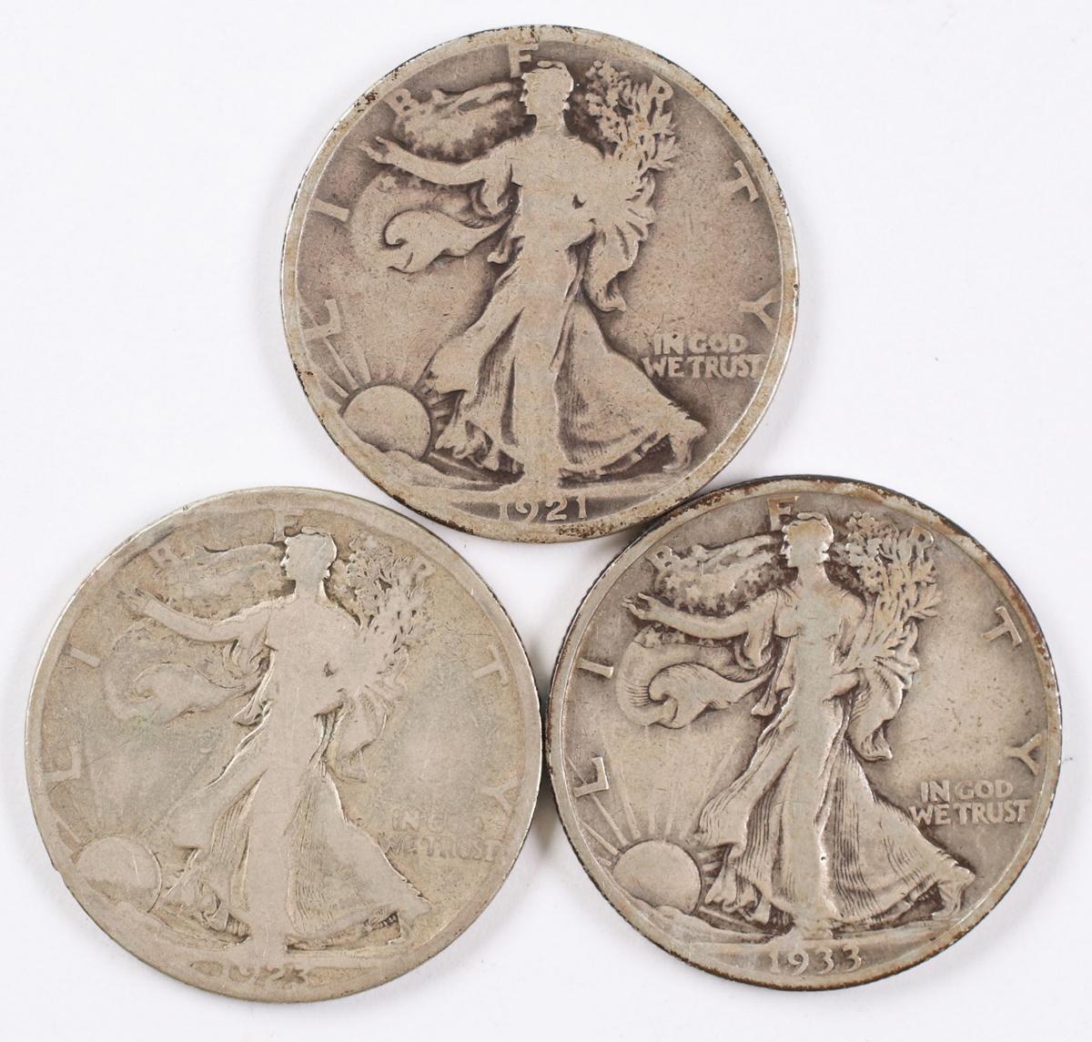 3 Walking Liberty Silver Half Dollars; 1921P,1923S,1933S