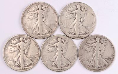 5 Walking Liberty Silver Half Dollars, 1943S,1944P/D/S, 1945P