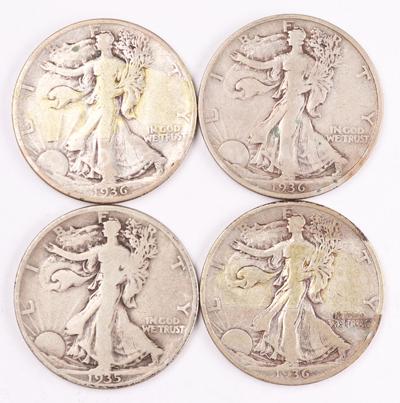 4 Walking Liberty Silver Half Dollars, 1935D,1936P/D/S