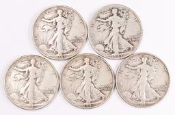 5 Walking Liberty Silver Half Dollars, 1942P/D/S, 1943P/D