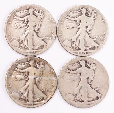 4 Walking Liberty Silver Half Dollars, 1-Faded date, 1920P/S,1921S