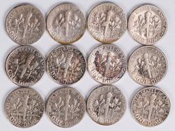 12 Roosevelt Silver Dimes, various dates/mints