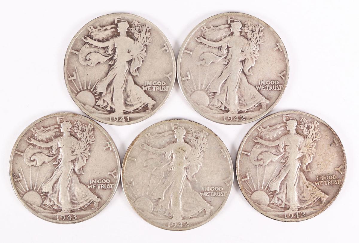 5 Walking Liberty Silver Half Dollars