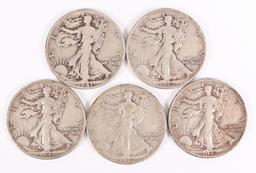 5 Walking Liberty Silver Half Dollars