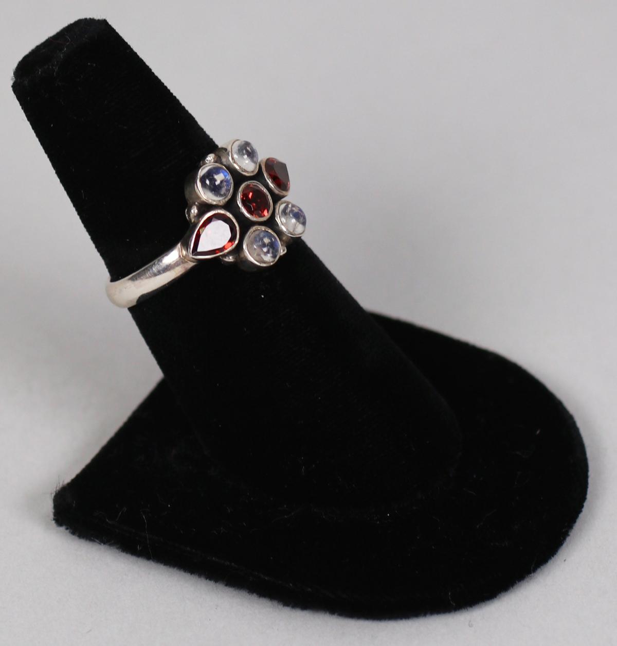 .925 NB India Ring with Amber & Light Blue Stones, Sz. 8 3/4