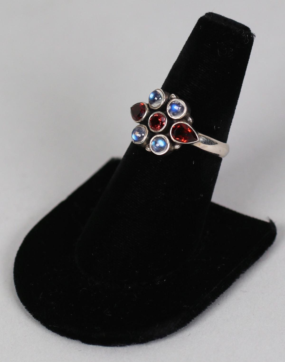 .925 NB India Ring with Amber & Light Blue Stones, Sz. 8 3/4