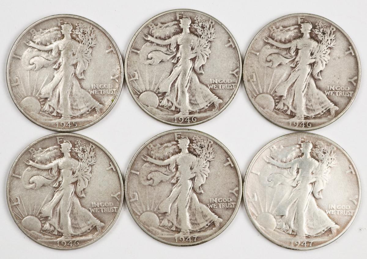 6 Walking Liberty Half Dollars