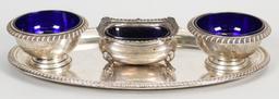 3 Sterling & Cobalt Glass Open Salt Cellars & Sterling Gorham Tray