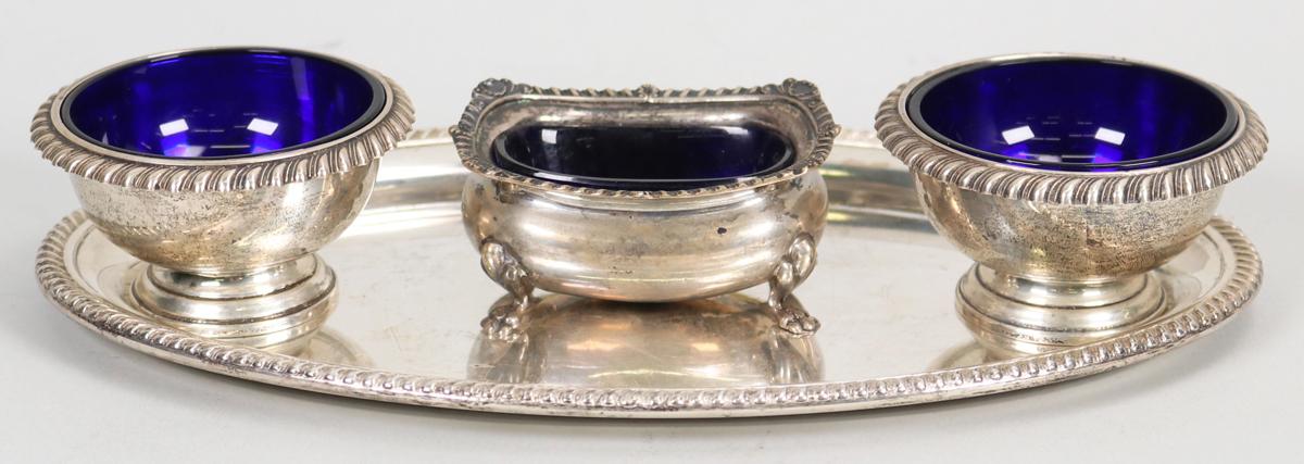 3 Sterling & Cobalt Glass Open Salt Cellars & Sterling Gorham Tray