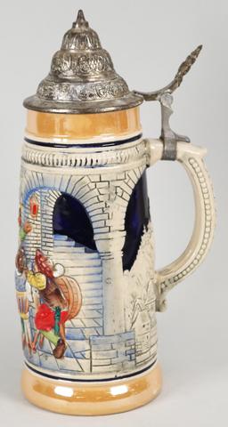 Vintage German Beer Stein with Tavern Scene