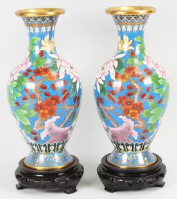 Pair of Jingfa Cloisonne Vases, Blue w/Flowers