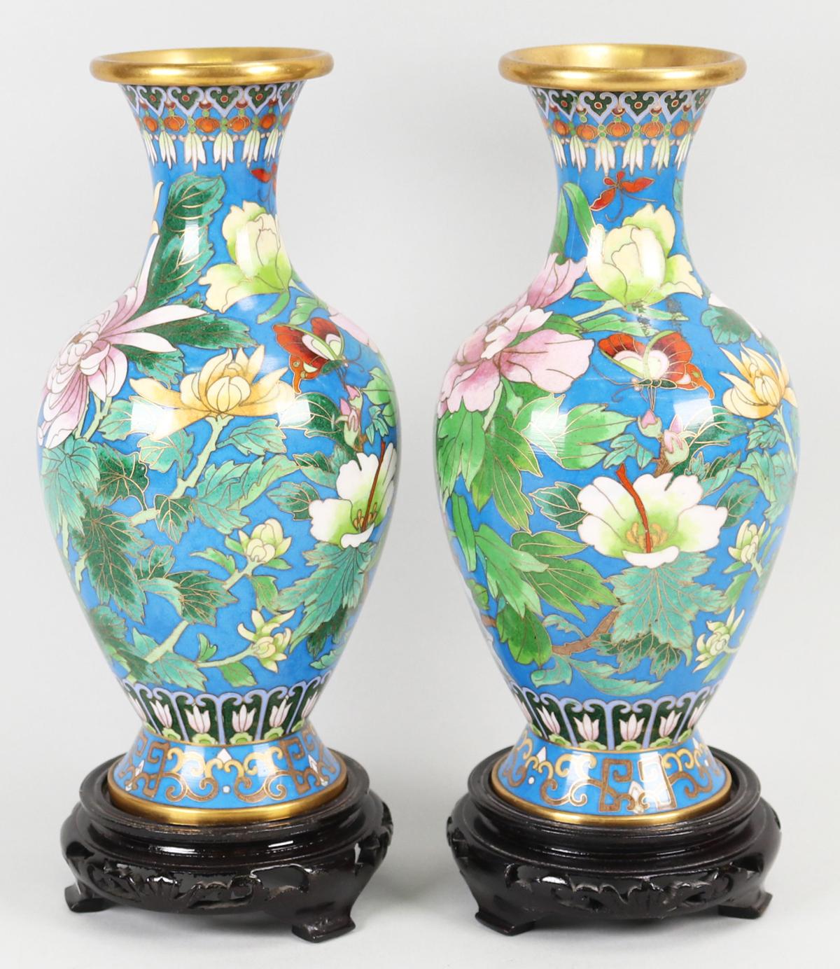 Pair of Jingfa Cloisonne Vases, Blue w/Flowers