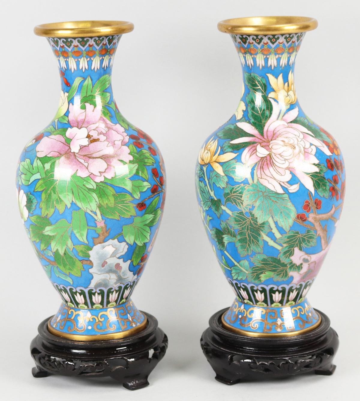 Pair of Jingfa Cloisonne Vases, Blue w/Flowers