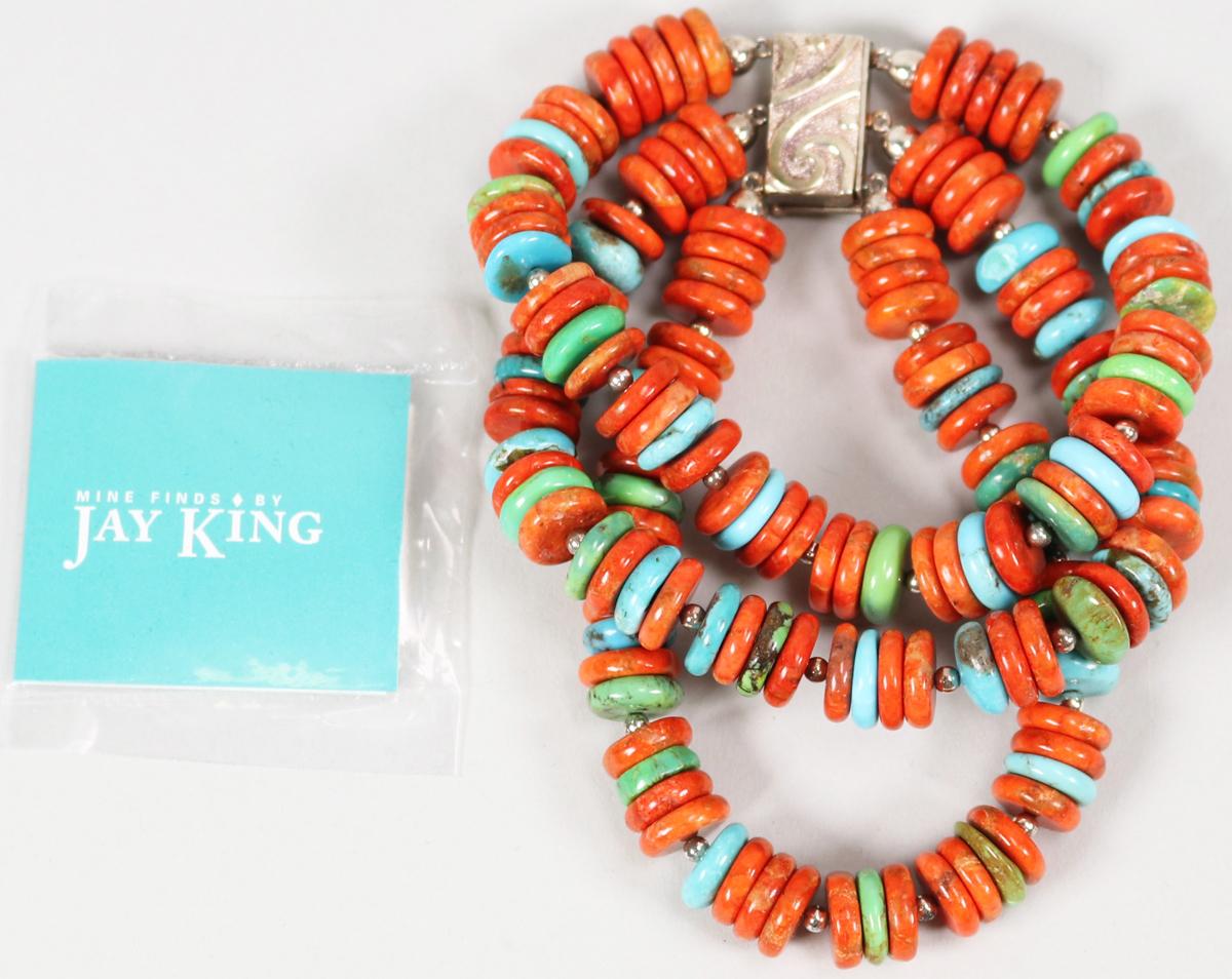 Jay King Turquoise & Coral 3 Strand Bracelet w/Sterling Magnetic Clasp