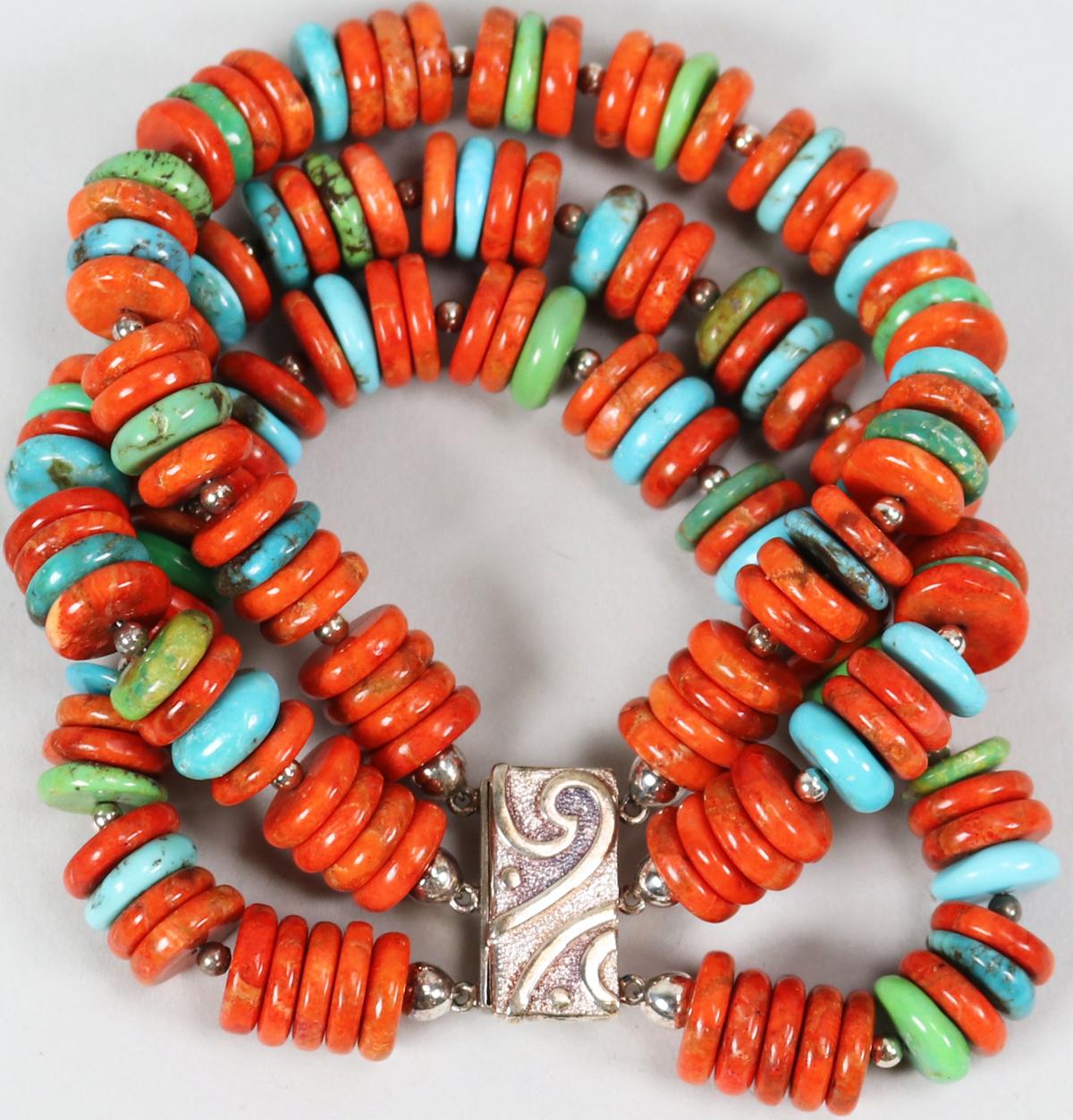 Jay King Turquoise & Coral 3 Strand Bracelet w/Sterling Magnetic Clasp