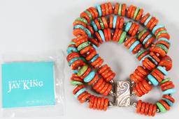 Jay King Turquoise & Coral 3 Strand Bracelet w/Sterling Magnetic Clasp