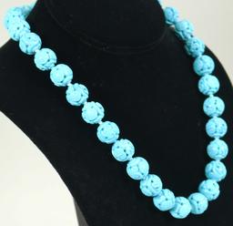 Chinese Style Carved Turquoise Beaded Necklace, Knotted