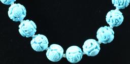 Chinese Style Carved Turquoise Beaded Necklace, Knotted