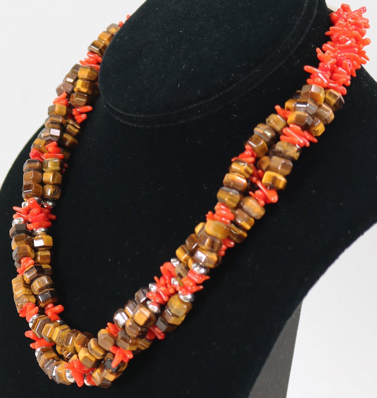 Tigers Eye & Coral Necklace, Marked R.B. Sterling