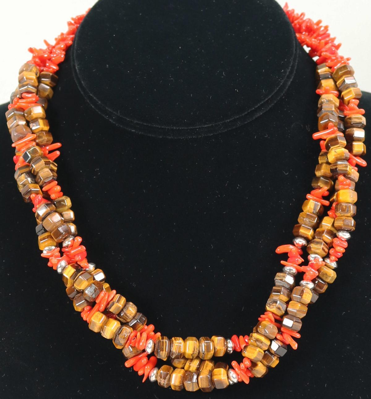 Tigers Eye & Coral Necklace, Marked R.B. Sterling