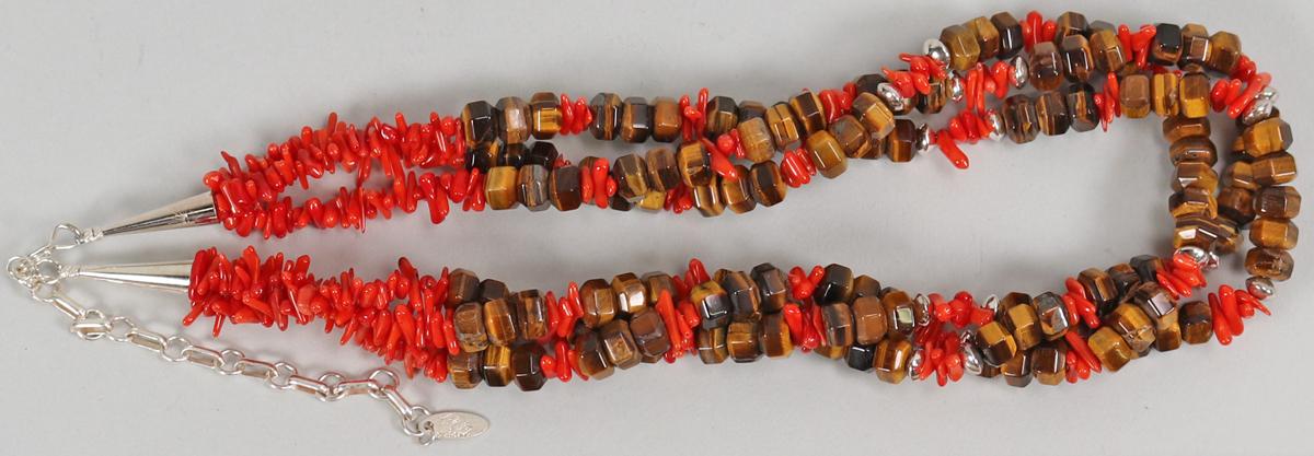 Tigers Eye & Coral Necklace, Marked R.B. Sterling