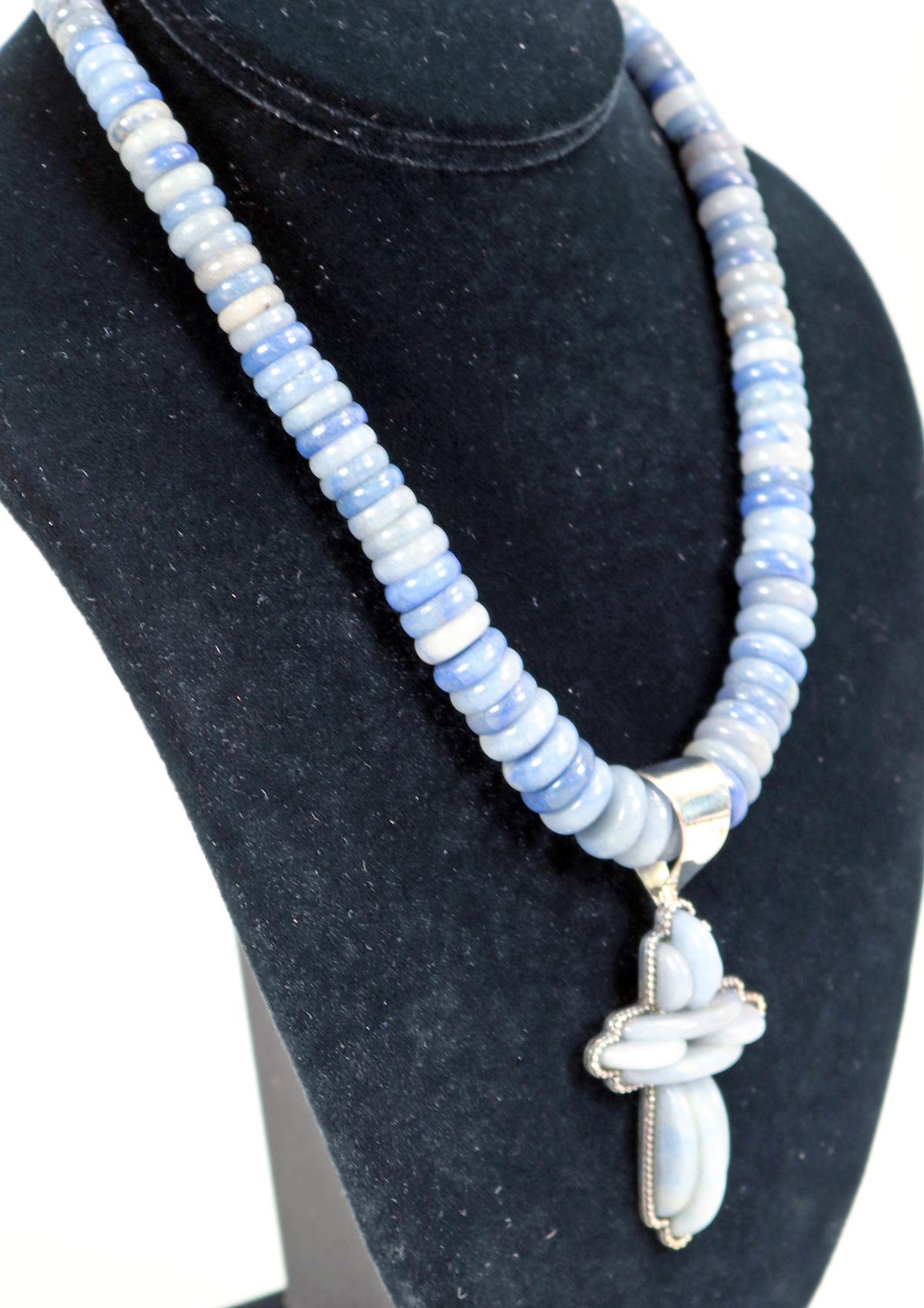 DRT Jay King Grey/Blue Gemstone (Chalcedony?) Necklace & Cross Pendant