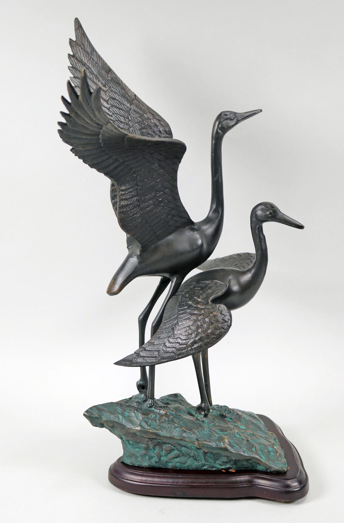 Bronze Cranes on Wood Base