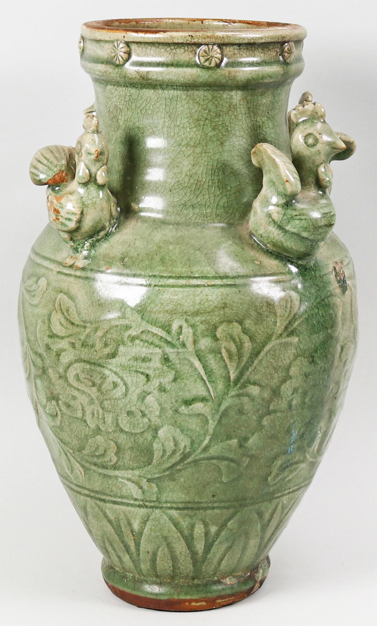 Chinese Green Porcelain Vase w/Four Chicken Accents
