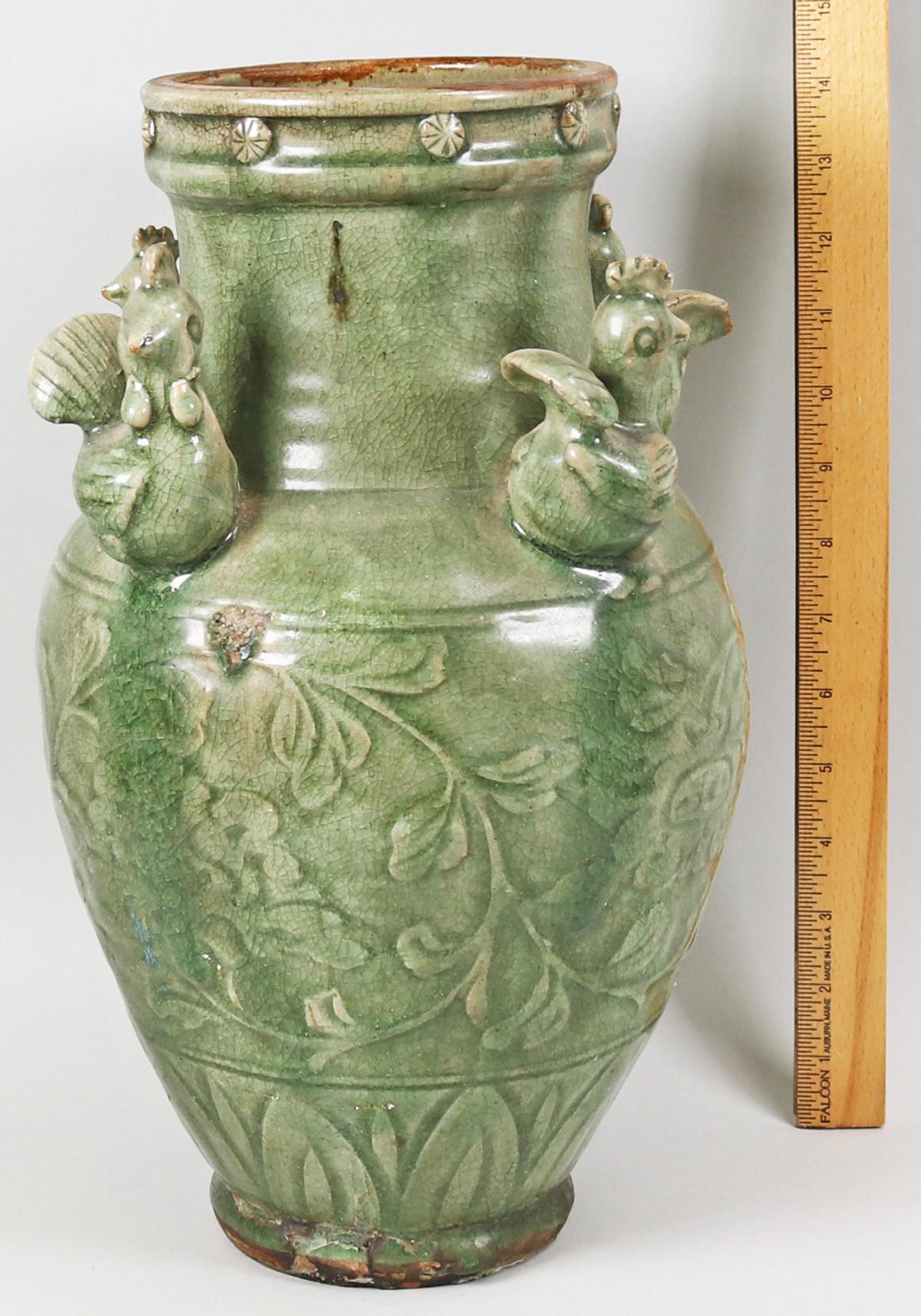 Chinese Green Porcelain Vase w/Four Chicken Accents