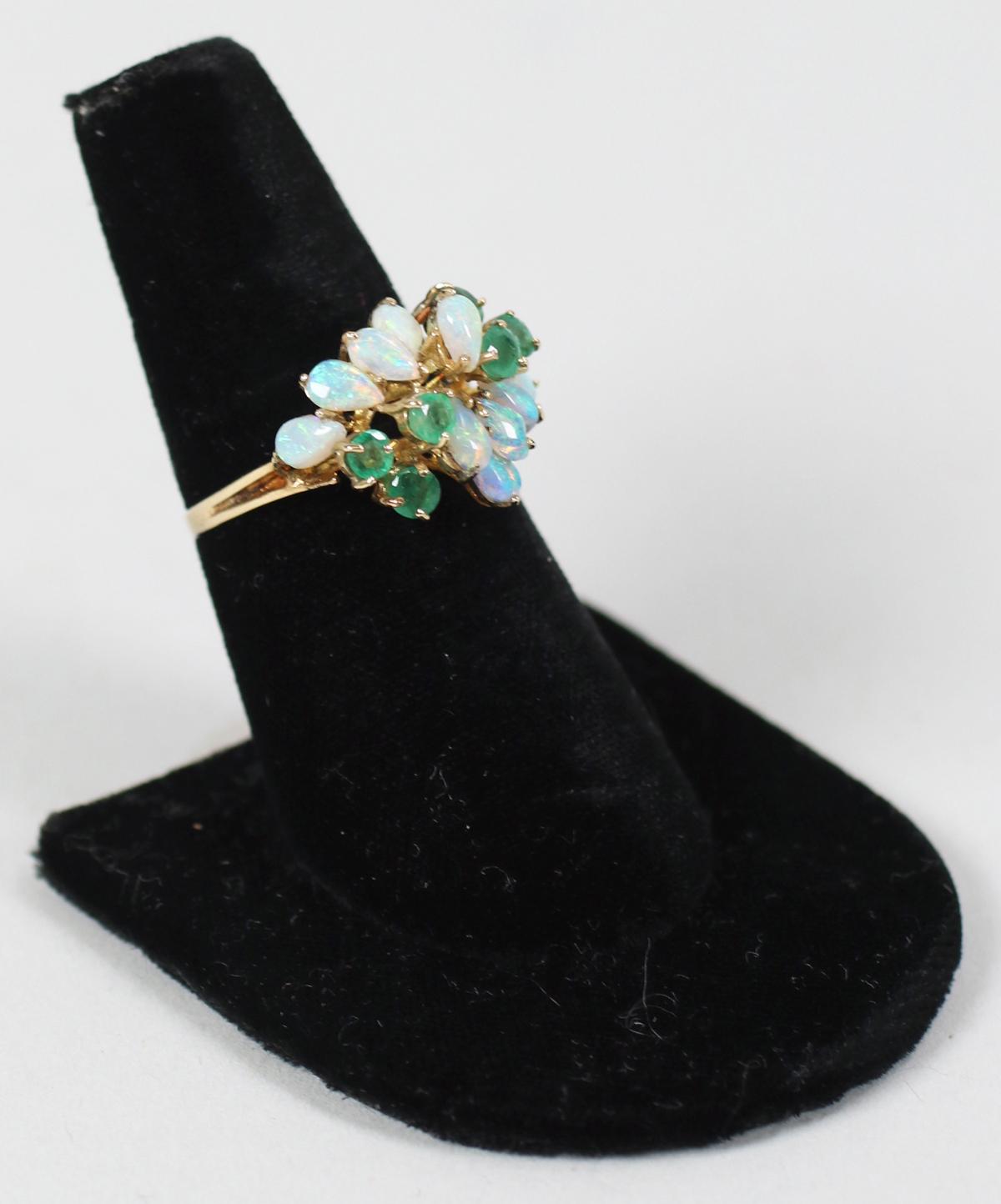 14K Ring w/Opal & Green Gemstones, Sz. 8.5 - 3.6 Grams