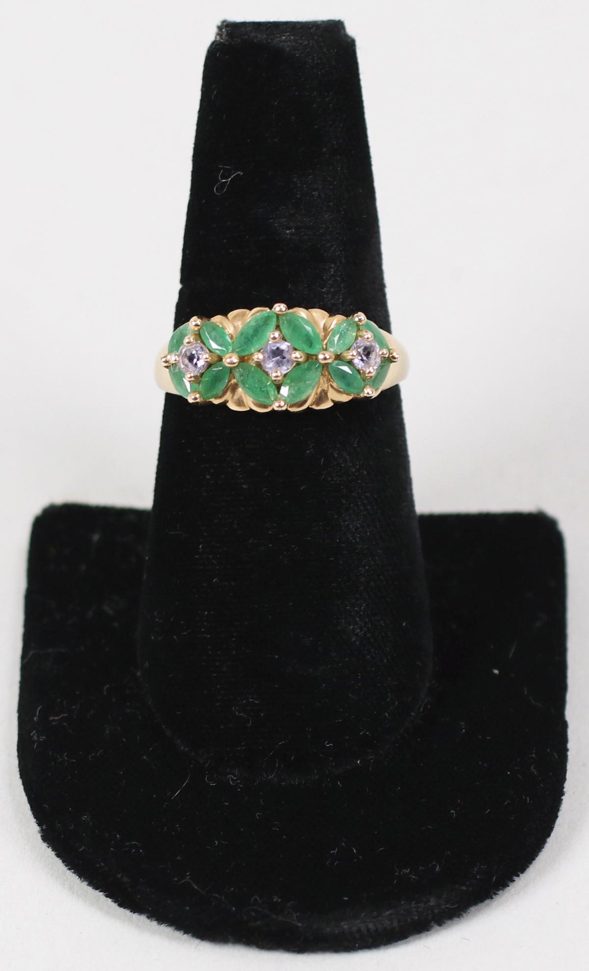 10K Ring w/Green & Light Purple Stones, Sz. 9.25 - 3.6 Grams