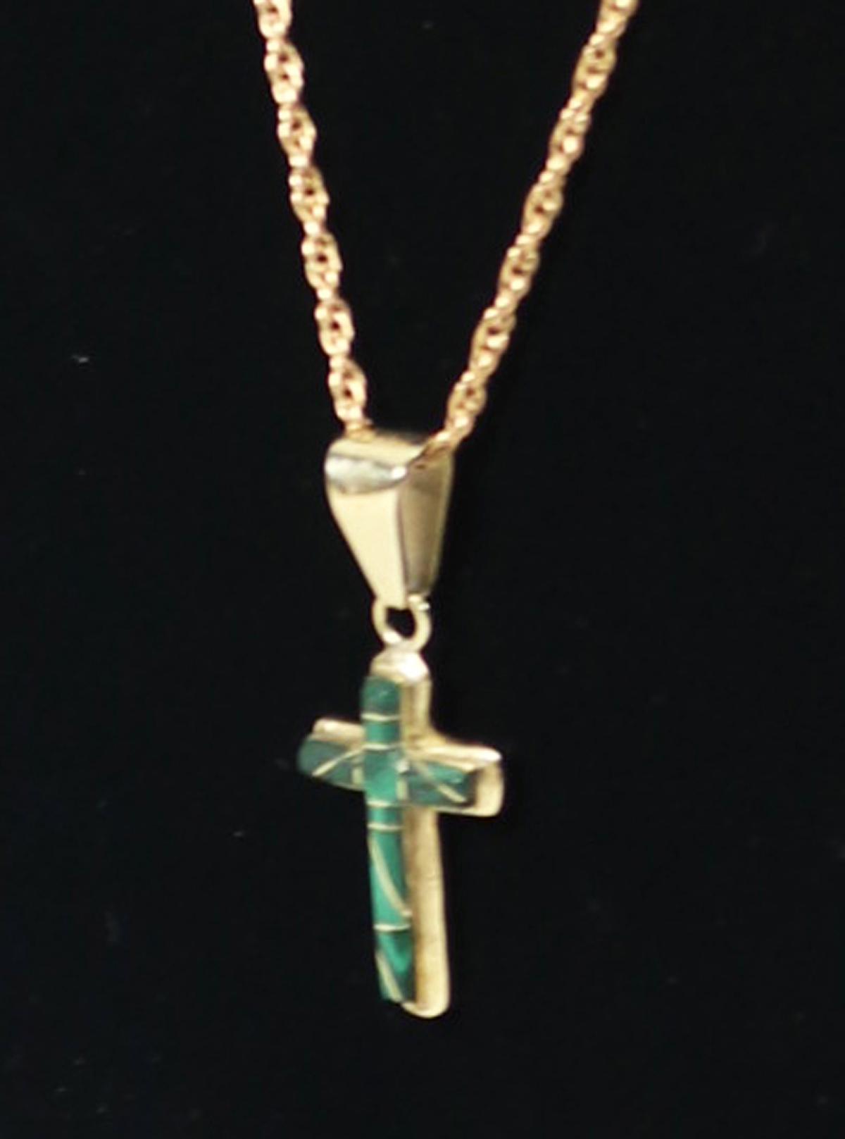 14K Necklace & Cross Pendant w/ Green Colored Stones - 7.2 Grams