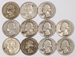 11 Washington Silver Quarters, various dates/mints