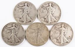 5 Walking Liberty Half Dollars