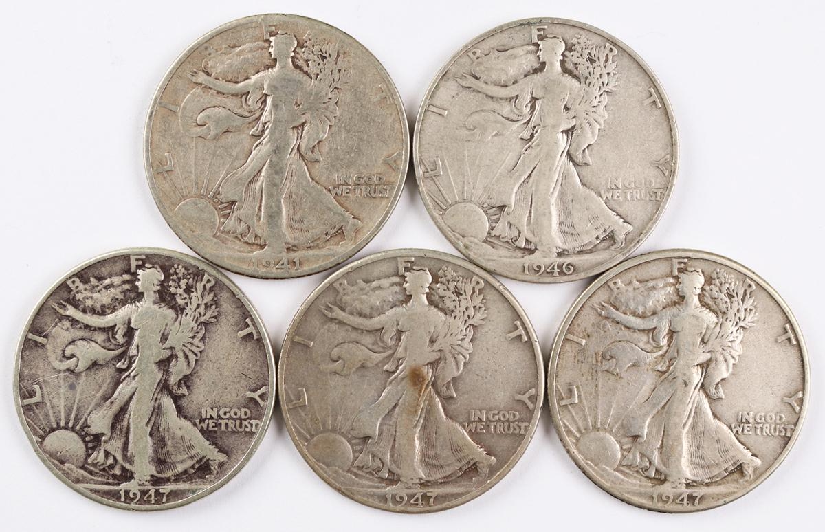 5 Walking Liberty Half Dollars