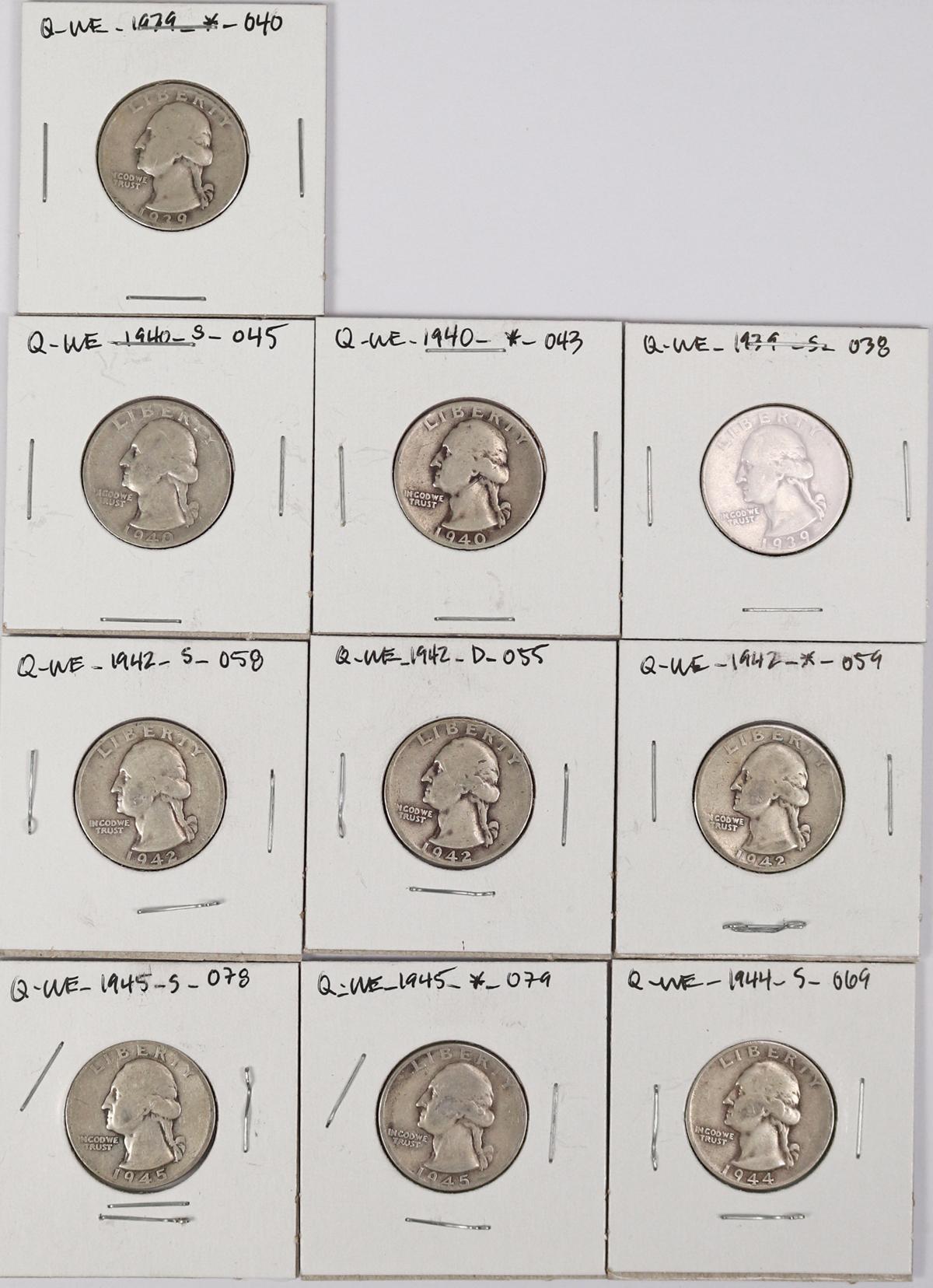 10 Washington Silver Quarters, various dates/mints