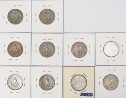 10 Washington Silver Quarters, various dates/mints