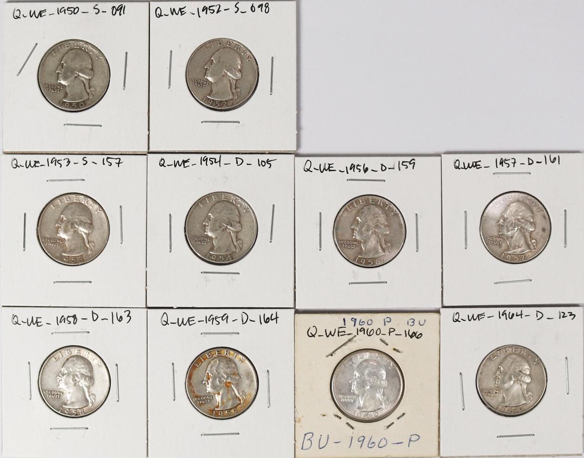 10 Washington Silver Quarters, various dates/mints