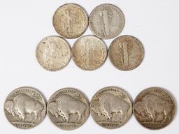 5 Mercury Head Silver Dimes & 4 Buffalo Nickels