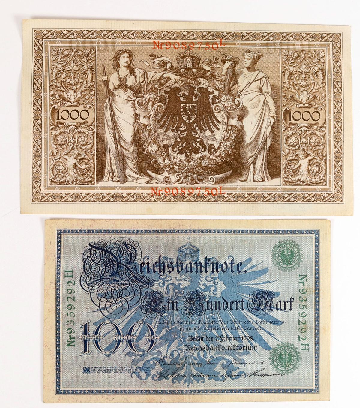 1000 Reichsbanknote - 1910,  100 Reichsbanknote - 1908