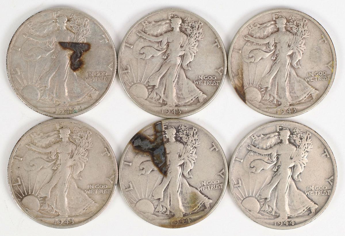 6 Walking Liberty Silver Half Dollars