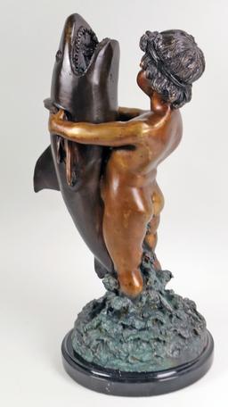 Bronze "Boy Holding Shark" Sculpture