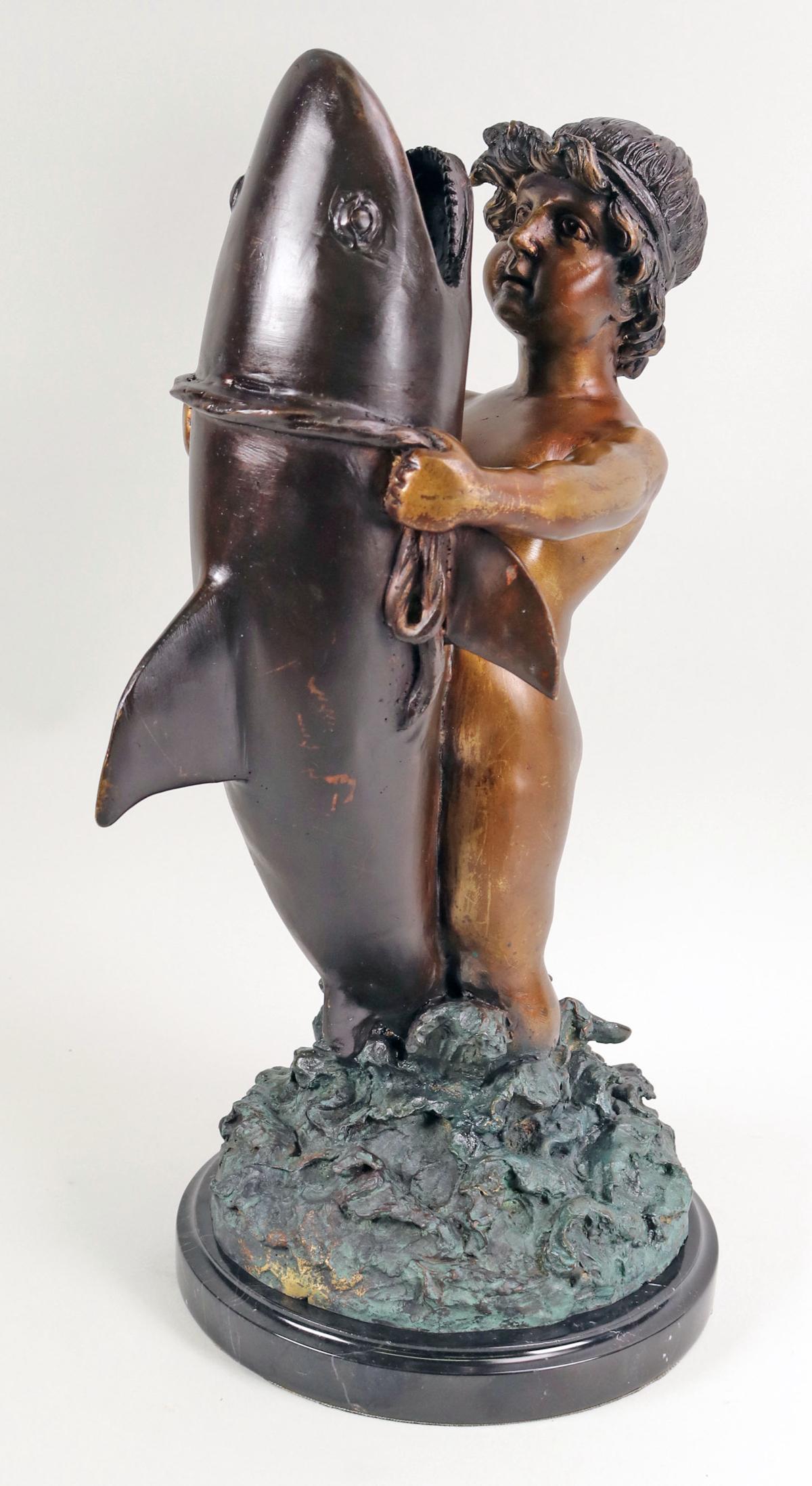 Bronze "Boy Holding Shark" Sculpture