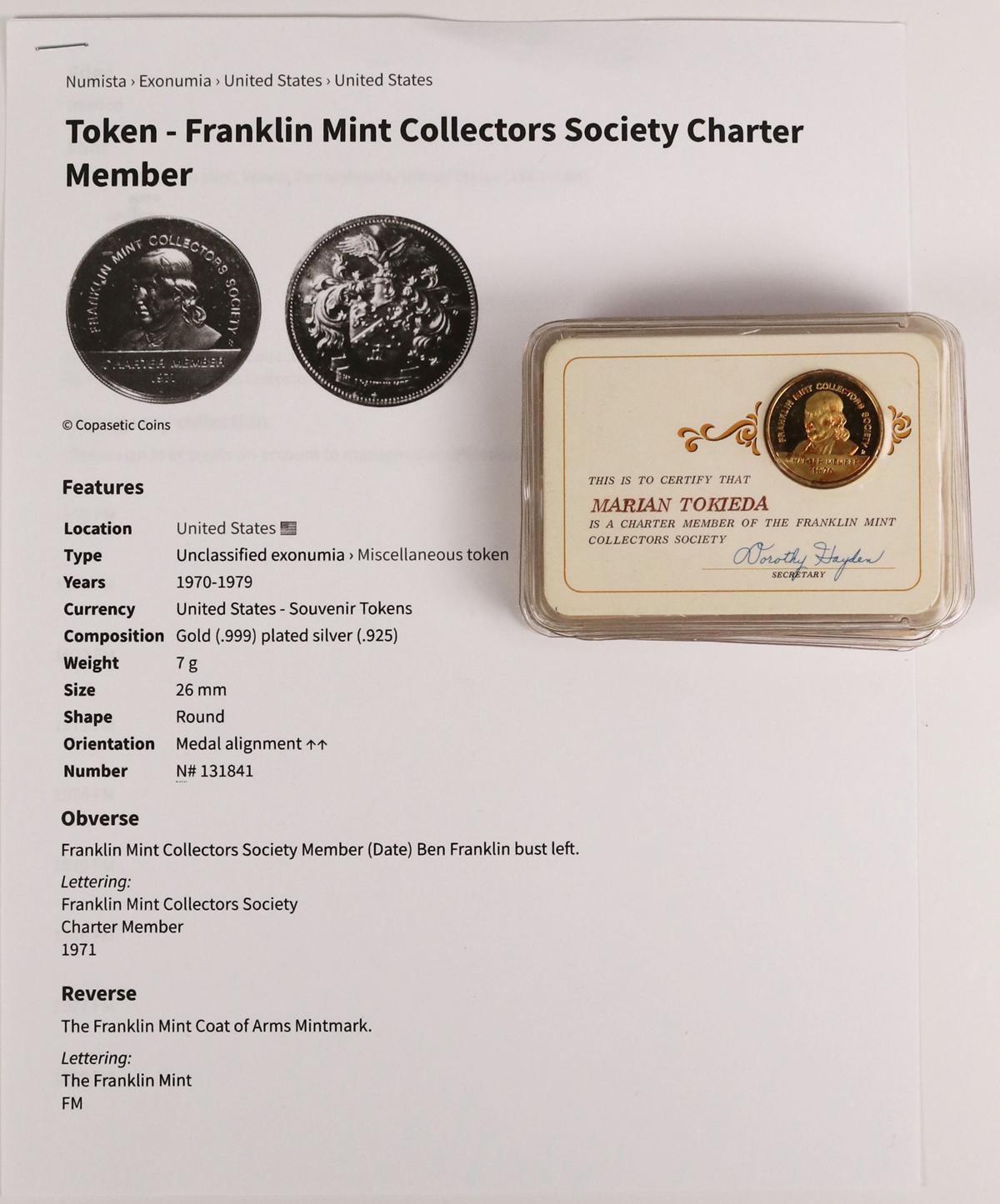 1970 - 1979 Franklin Mint Collectors Society Charter Member Tokens,