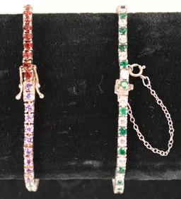 925 Bracelets, I w/Green & CZ Stones & 1 w/Multi Colored Stones